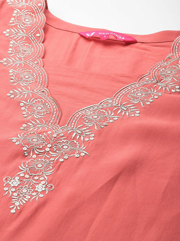 Varanga Women Peach Zari Embroidered Sequins Embellished Straight Kurta With Bottom And Dupatta